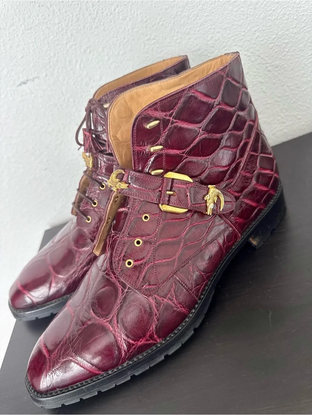 Mauri Luxury Combat Dress Ankle Boots Exotic Leather Genuine Alligator Burgundy